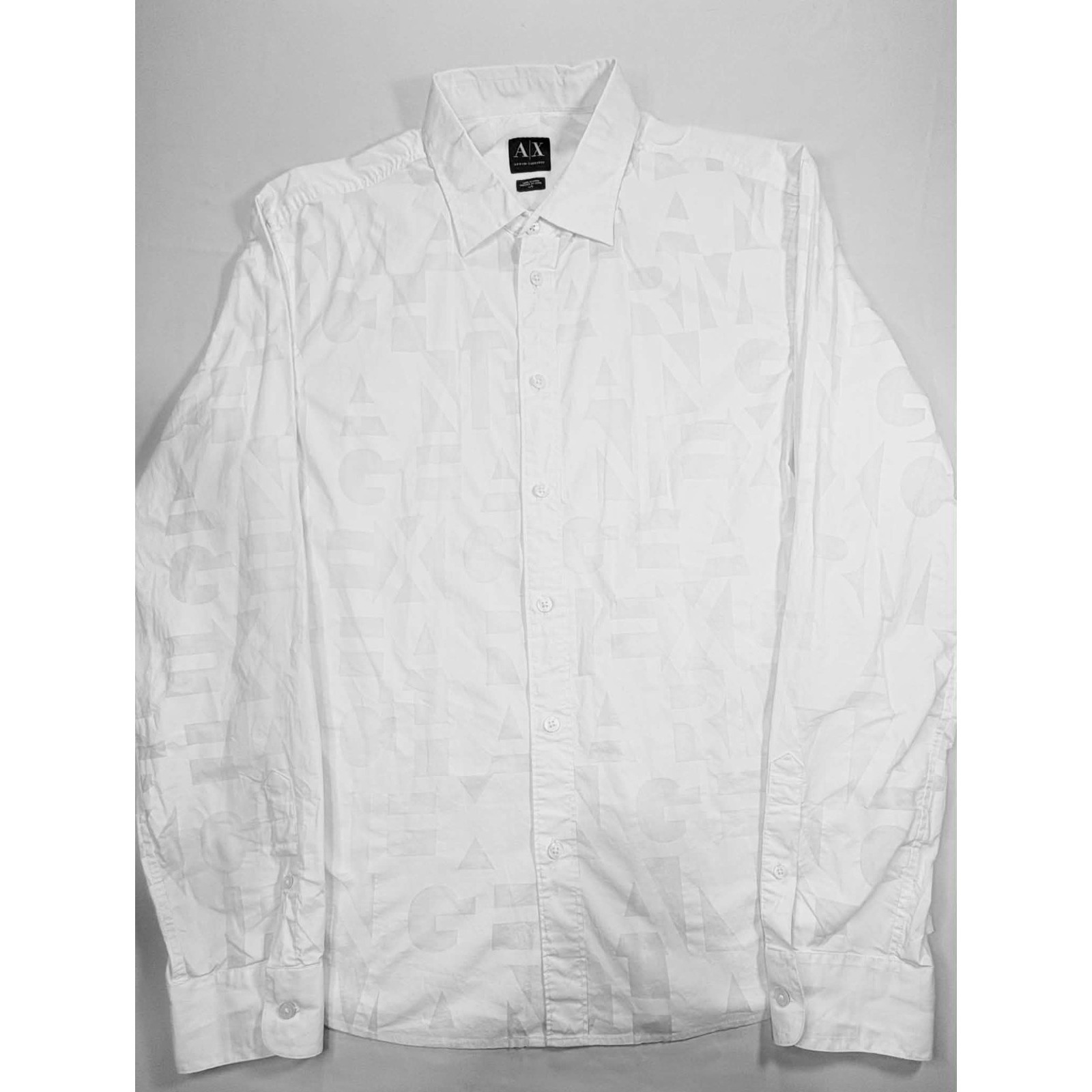 Armani Exchange Mens L White Allover Logo Text Block Print Long Sleeve Shirt Ax
